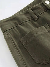 Olive green denim wide leg pants with button closure and front pockets in plus size full length design