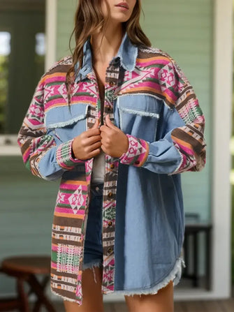 Geometric Collared Neck Long Sleeve Shacket Medium Woman Outerwear