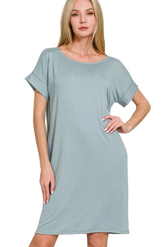 Zenana Rolled Short Sleeve Round Neck Dress BLUE GREY