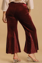 Umgee full size flare leg velvet pants in rich burgundy with shimmering sequin elastic waistband side panels