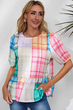 Round Neck Puff Sleeve Plaid Blouse Woman Blouses