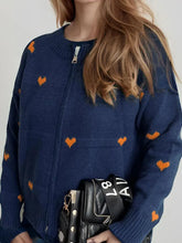 Heart Round Neck Zip Up Cardigan Woman Outerwear