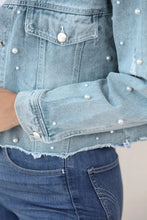 Distressed Pearl Trim Button Up Denim Jacket Woman Outerwear
