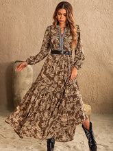 Ruched Printed Notched Long Sleeve Maxi Dress Taupe