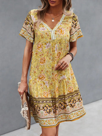 Floral Print V-Neck Summer Dress Pastel Yellow