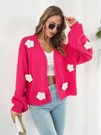 Floral Open Front Long Sleeve Cardigan Hot Pink