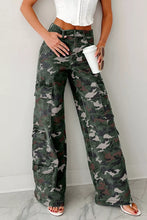Wide-leg high waist camo print cargo pants in faded green brown and white for casual and outdoor wear