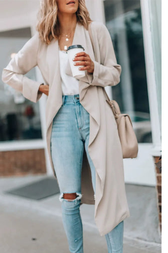 Open Front Long Sleeve Trench Coat Khaki