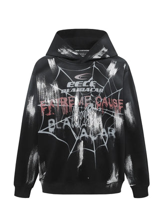 Men's Gothic Spider Web Graffiti Print Hoodie Black