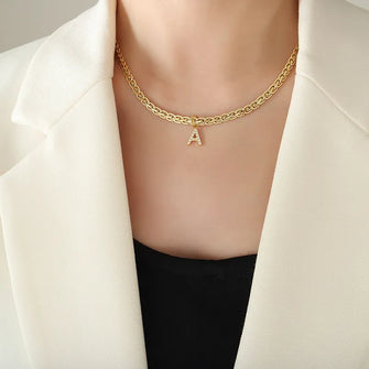 Brass Inlaid Zircon Letter Pendant Necklace Style A One Size