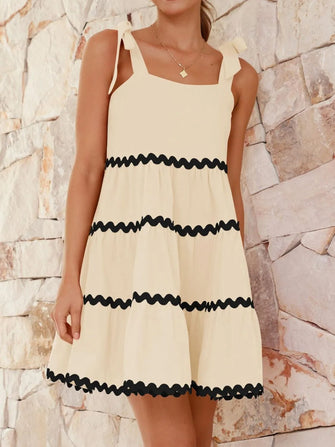 Contrast Trim Tie Shoulder Dress Tan