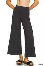 Black high-waisted wide-leg pintuck pants with heavy ponte fabric and elastic waistband by zenana