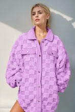 Double Take Button Up Fuzzy Checkered Shacket Lilac Woman Outerwear