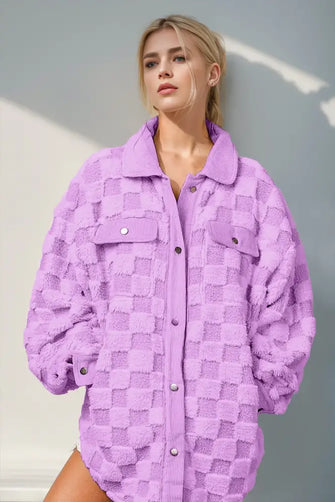 Double Take Button Up Fuzzy Checkered Shacket Lilac Woman Outerwear