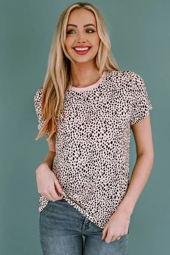Animal Print Round Neck Tee Apricot Woman T Shirts
