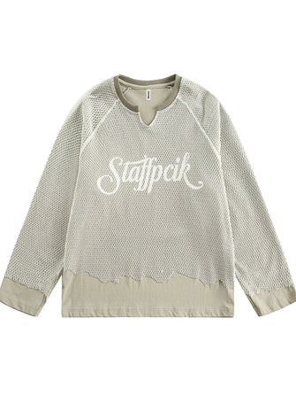 Men's Vintage Mesh Letter Notched Sweatshirt Green