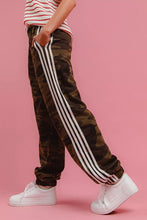 BiBi side lines camouflage track pants in soft cotton blend fabric with three white stripes down the side