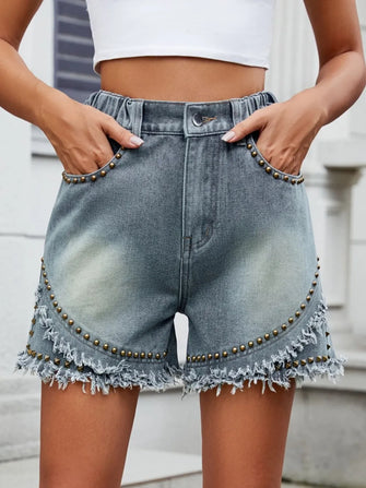 Raw Hem Studded Denim Shorts Medium
