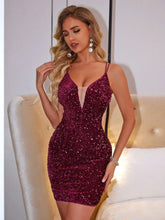 Lace-Up Sequin Plunge Sleeveless Dress Burgundy