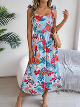 Smocked Floral Tie Shoulder Midi Dress Sky Blue