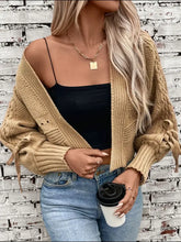 Cable-Knit Tied Open Front Lantern Sleeve Cardigan Woman Outerwear