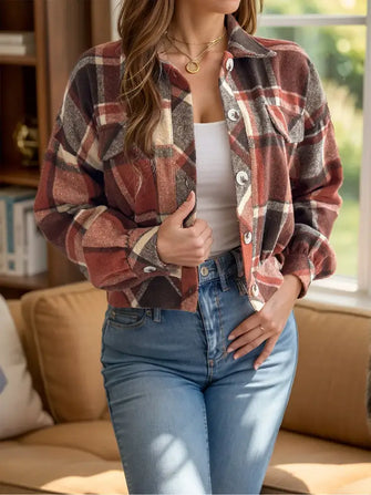 Plaid Button Up Long Sleeve Jacket Terracotta Woman Outerwear
