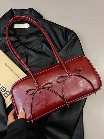 PU Leather Bow Trim Shoulder Bag Burgundy One Size