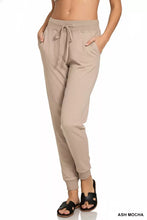 Ash mocha-colored zenana drawstring cotton joggers with pockets feature a drawstring waistband and side pockets