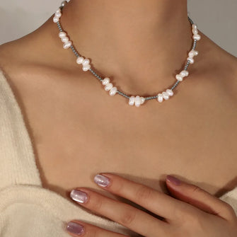 Freshwater Pearl Titanium Steel Bead Necklace Silver One Size