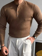 Button Detail Ribbed Long Sleeve Men's Knit Top Brown Mens Tops