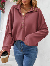 Half Button Collared Neck Long Sleeve Top Cerise Woman Blouses