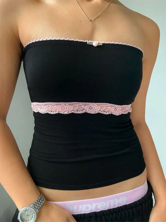 Devine Lace Detail Tube Top Black Tanks & Camis
