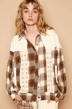 POL Plaid & Star Patchwork Contrast Long Sleeve Shacket Beige Woman Outerwear