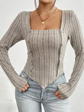Ribbed Decorative Button Long Sleeve T-Shirt