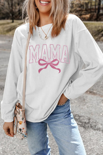 MAMA Bow Round Neck Long Sleeve Sweatshirt White