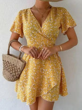Floral Flutter Sleeve Wrap Mini Dress Woman Casual Dress