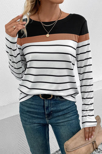 Perfee Striped Round Neck Long Sleeve T-Shirt Black