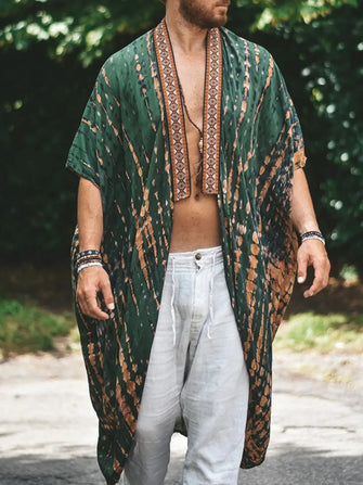 Men's Plus Size Printed Open Front Cover-Up Dark Green