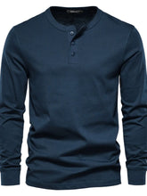 Men's Full Size Quarter Button Round Neck Long Sleeve T-Shirt Plus Size Navy