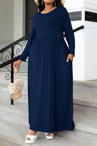 Plus Size Round Neck Long Sleeve Maxi Dress with Pockets Navy
