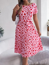Heart Print Short Sleeve Tie Waist Dress