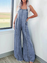 Exposed Seam Washed Wide Leg Denim Overalls Light