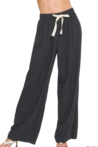 Zenana Linen Drawstring Pants BLACK