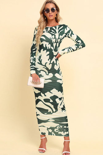 Printed Backless Long Sleeve Maxi Dress Green Camouflage
