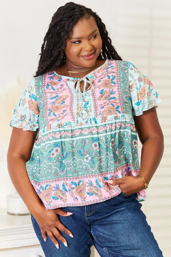 Perfee Floral Tie Neck Short Sleeve Blouse Multicolor Woman Blouses