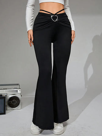 Tie-Back Flare Pants with Heart Buckle Black