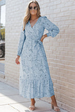 Printed Tie Front Ruffle Hem Dress Misty Blue Woman Maxi Dress