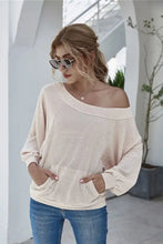 Boat Neck Waffle-Knit Lantern Sleeve Blouse with Pocket Woman Blouses