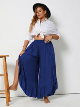 Plus size royal blue ruffled wide leg pants with high waist, wide leg pants featuring ruffled hem and side slits