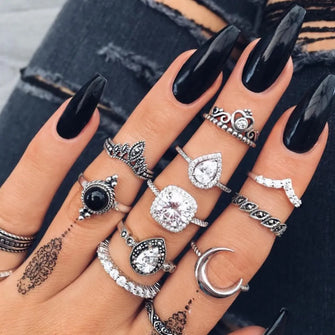 Alloy Synthetic Crystal 11-Piece Ring Set Silver One Size